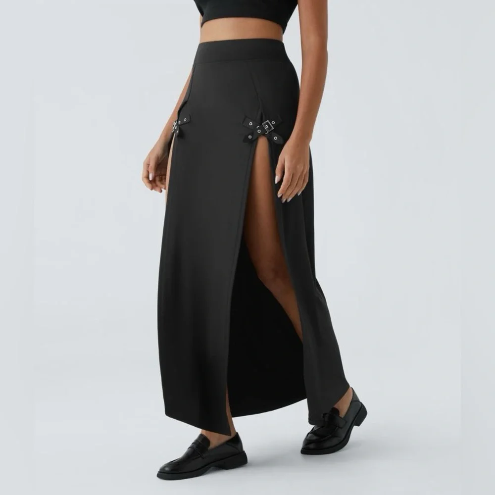 NWT HALARA High Waisted Decorative Buckle Split 2-in-1 Maxi Casual Skirt - Picture 3 of 13